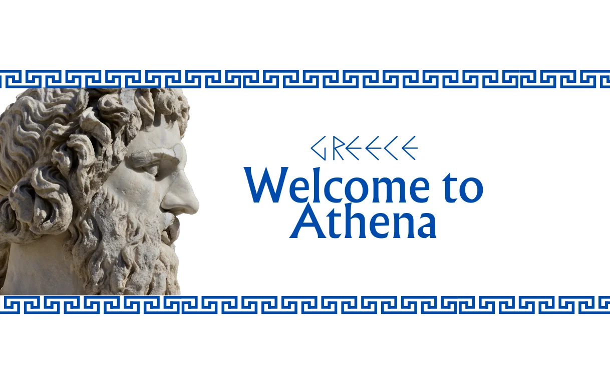 Welcome to Athena restaurant with Greek decor and statue