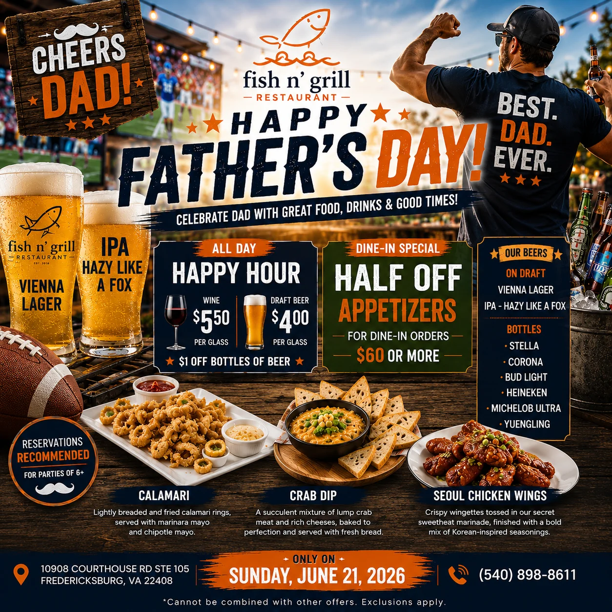 Half-off appetizers for Father's Day at a seafood restaurant
