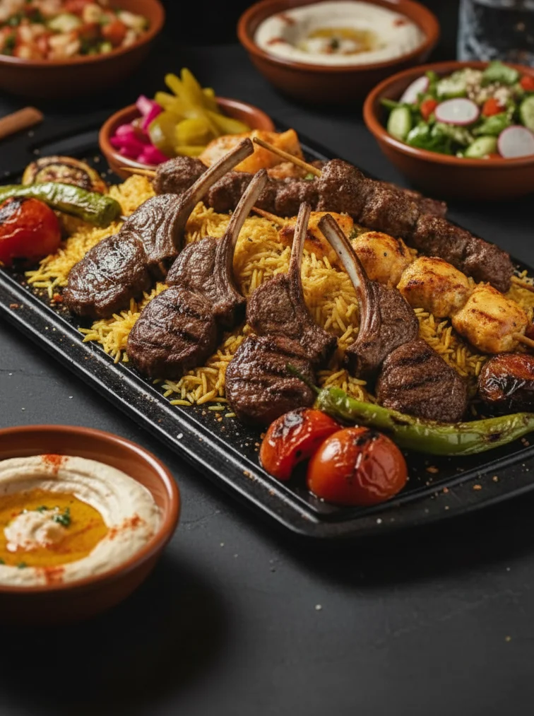 Grilled lamb kebabs with saffron rice and Mediterranean sides