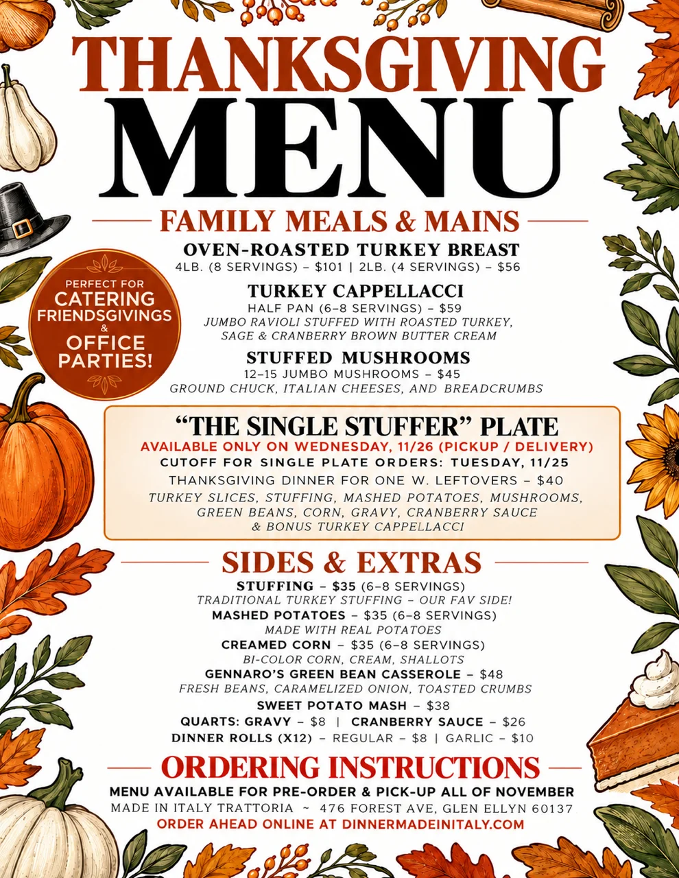 Thanksgiving menu featuring family meals and sides for festive gatherings