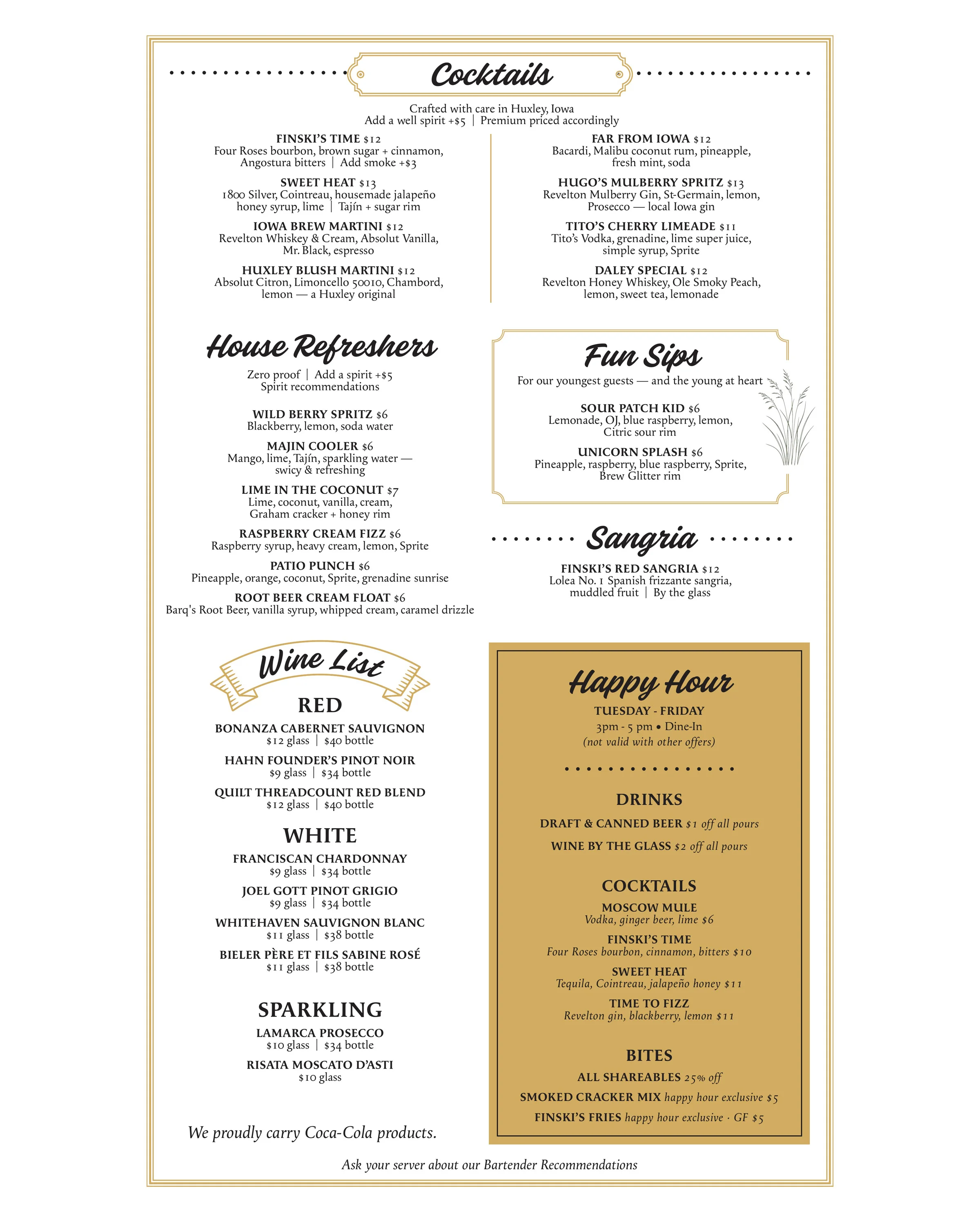 Cocktail menu featuring diverse drinks and wine selections