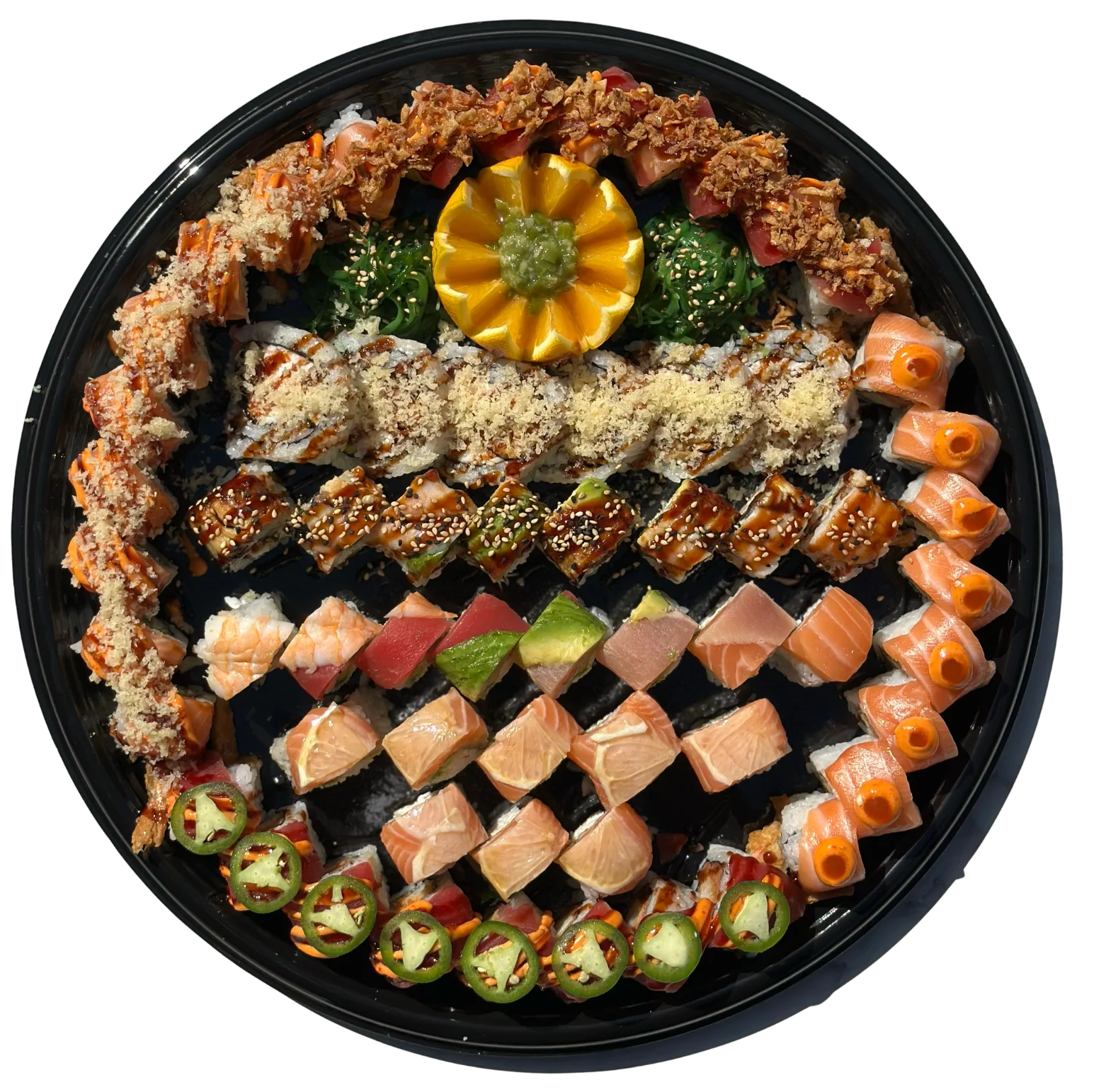 Assorted Japanese sushi platter with colorful rolls and sashimi