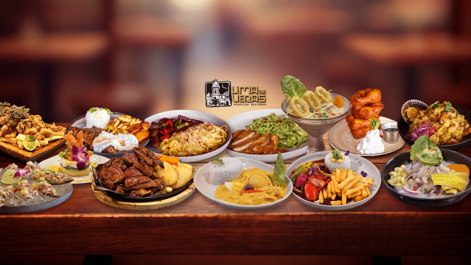 Assorted Peruvian dishes including ceviche and lomo saltado