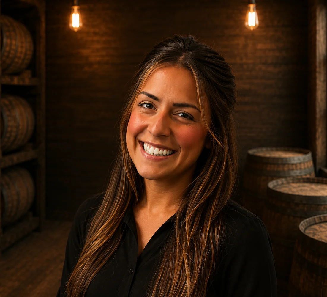 Professional woman smiling in a modern restaurant setting