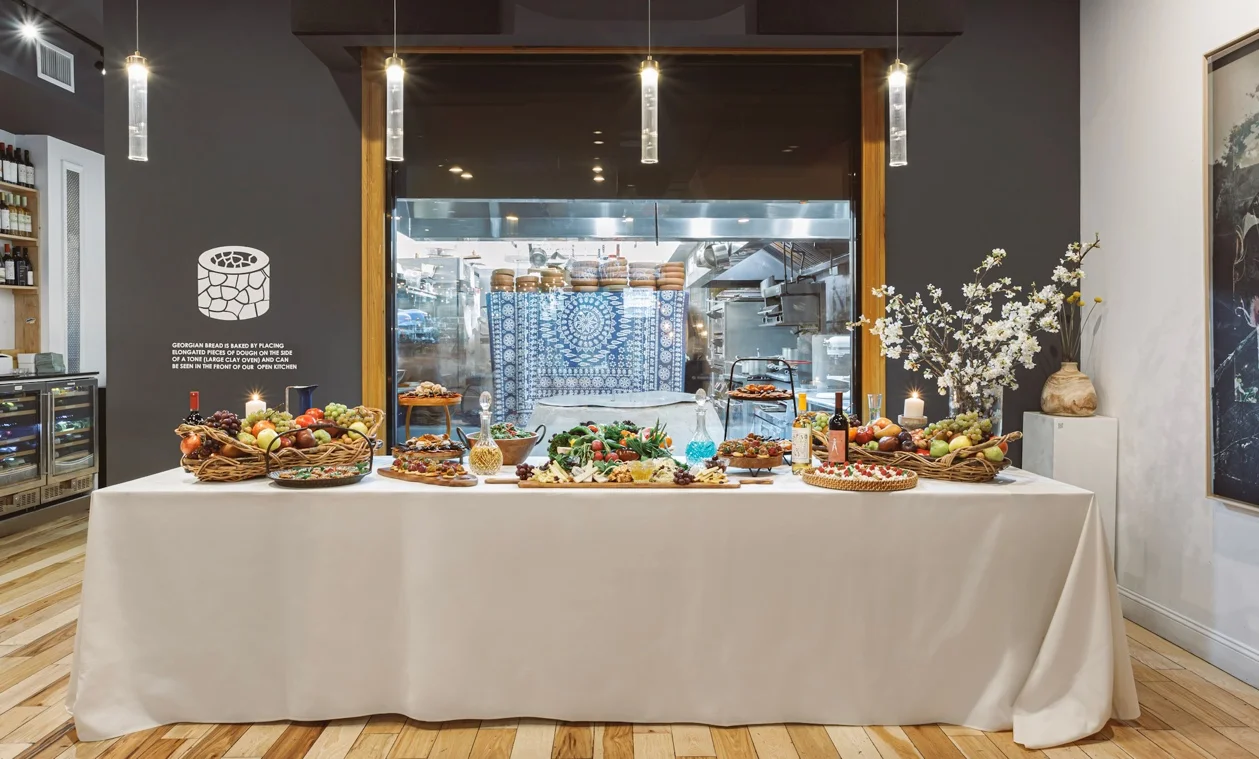 Georgian feast with assorted dishes and vibrant decor