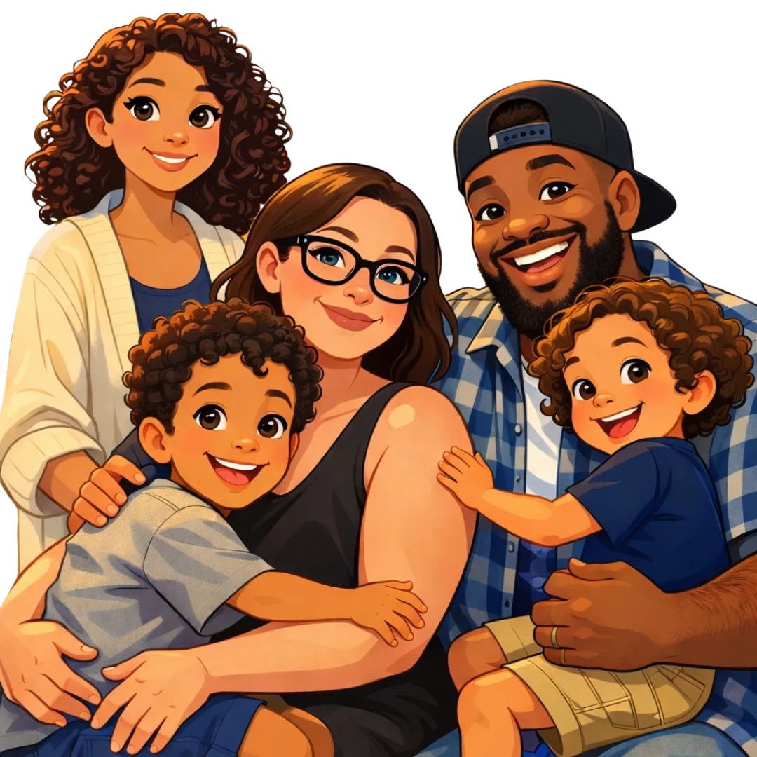 Family portrait with two adults and three children smiling together