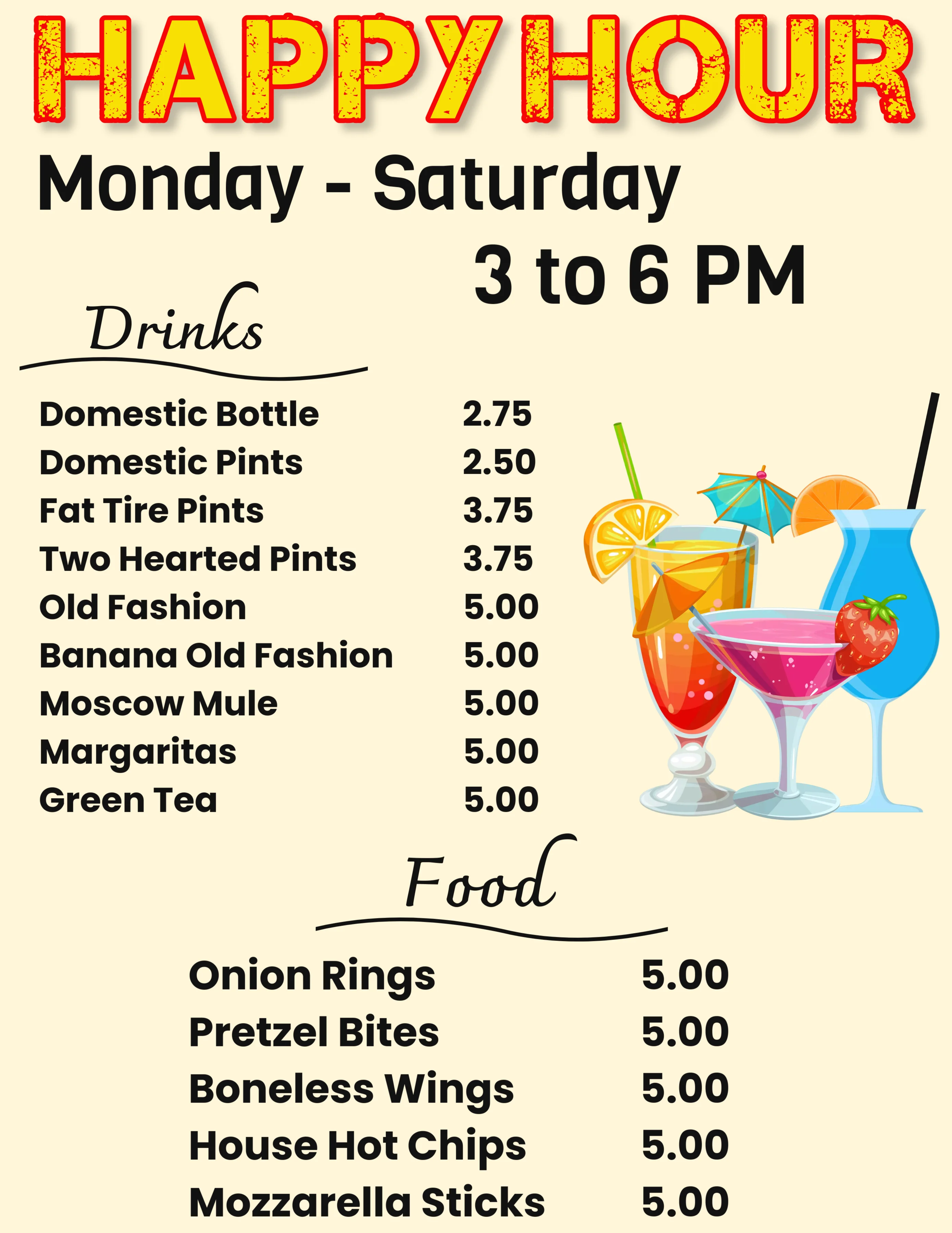 Happy hour drink and food menu with prices