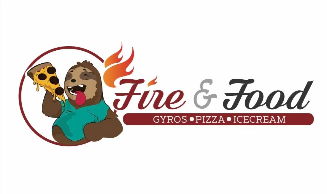 Playful logo for Fire & Food featuring pizza and a sloth