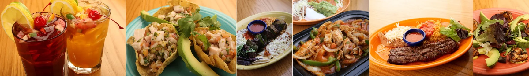 Colorful Mexican feast with tacos, fajitas, and refreshing drinks