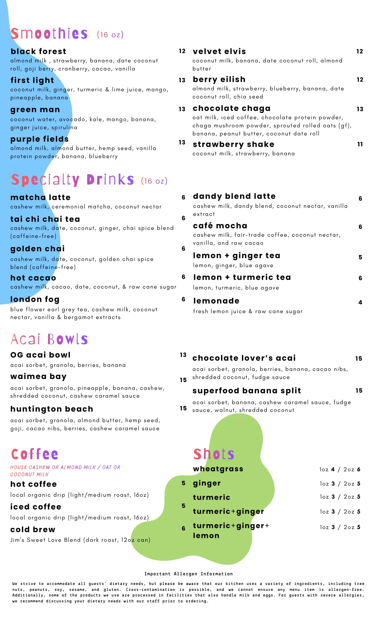 Colorful smoothie menu featuring various healthy drinks and acai bowls