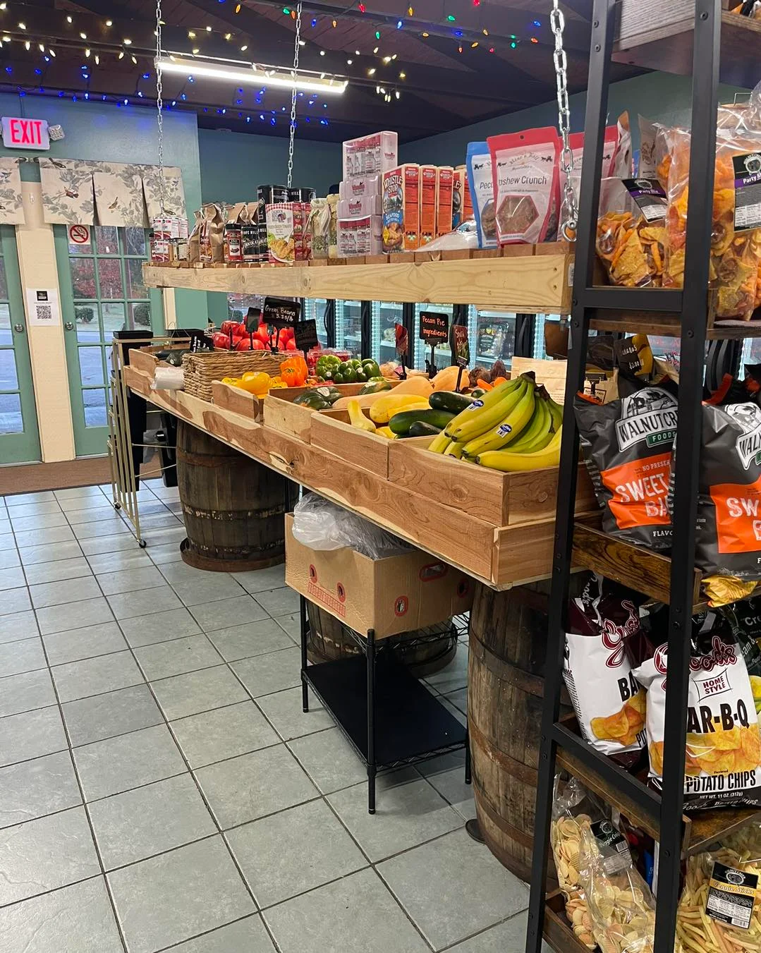 Charming market display with fresh fruits and snacks