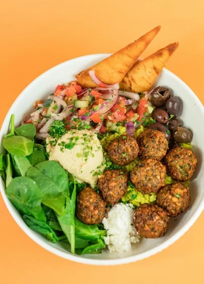 Greek bowl with gyro meat fresh vegetables and feta from Santorini's near South Jordan to Bluffdale, Draper, and Herriman, Utah