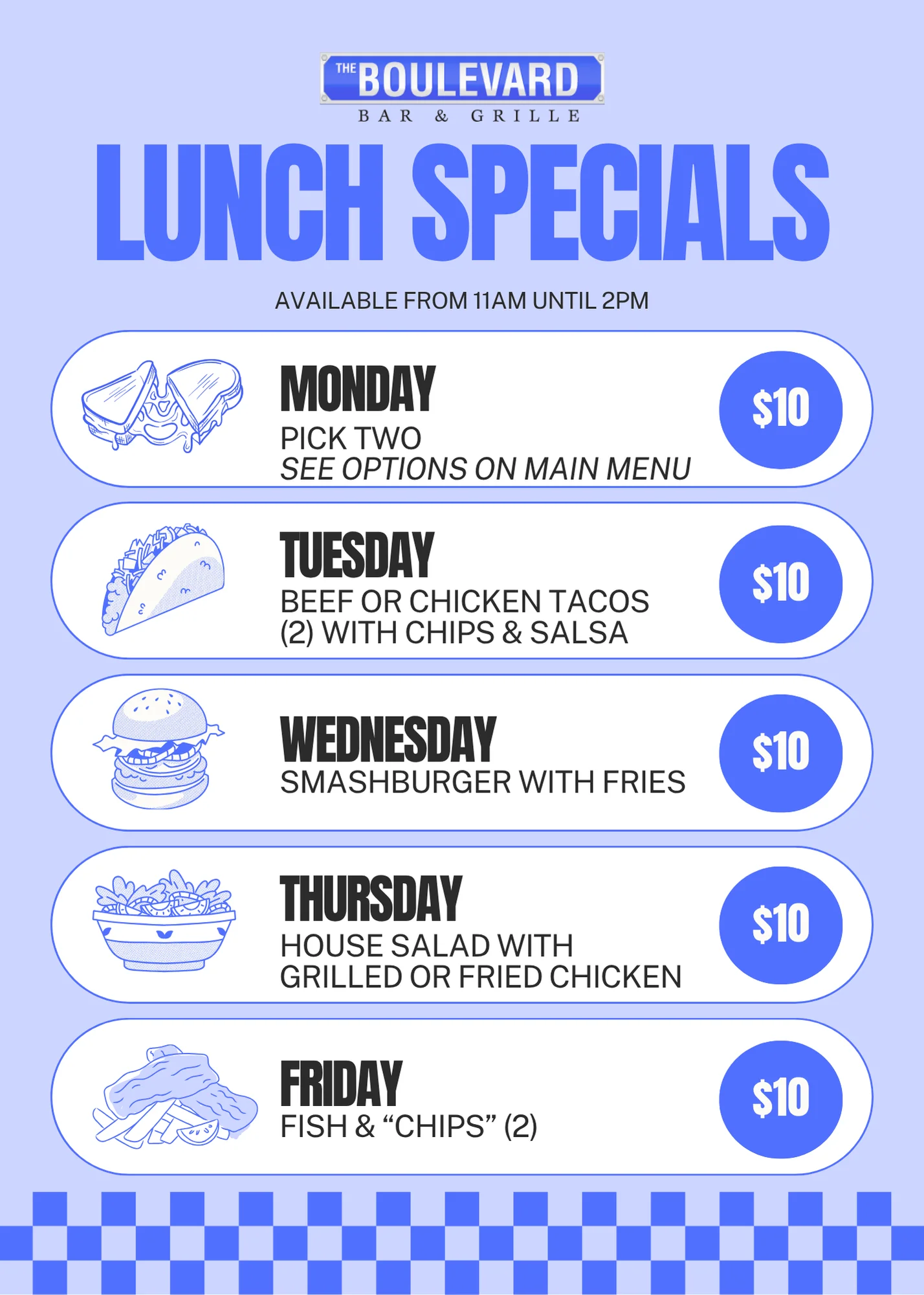 Weekly lunch specials menu at The Boulevard Bar & Grille