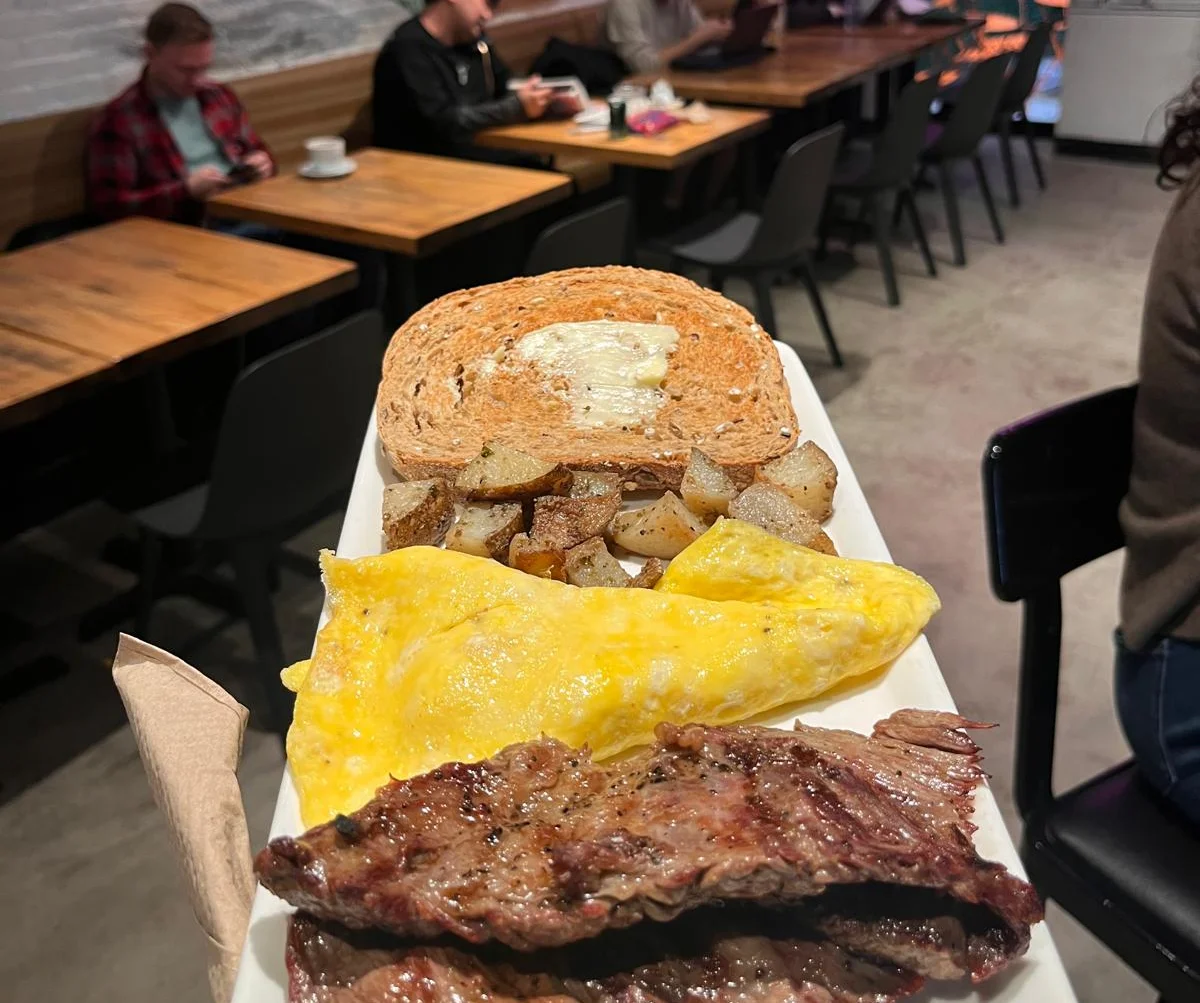 Hearty American breakfast platter with steak, eggs, and toast