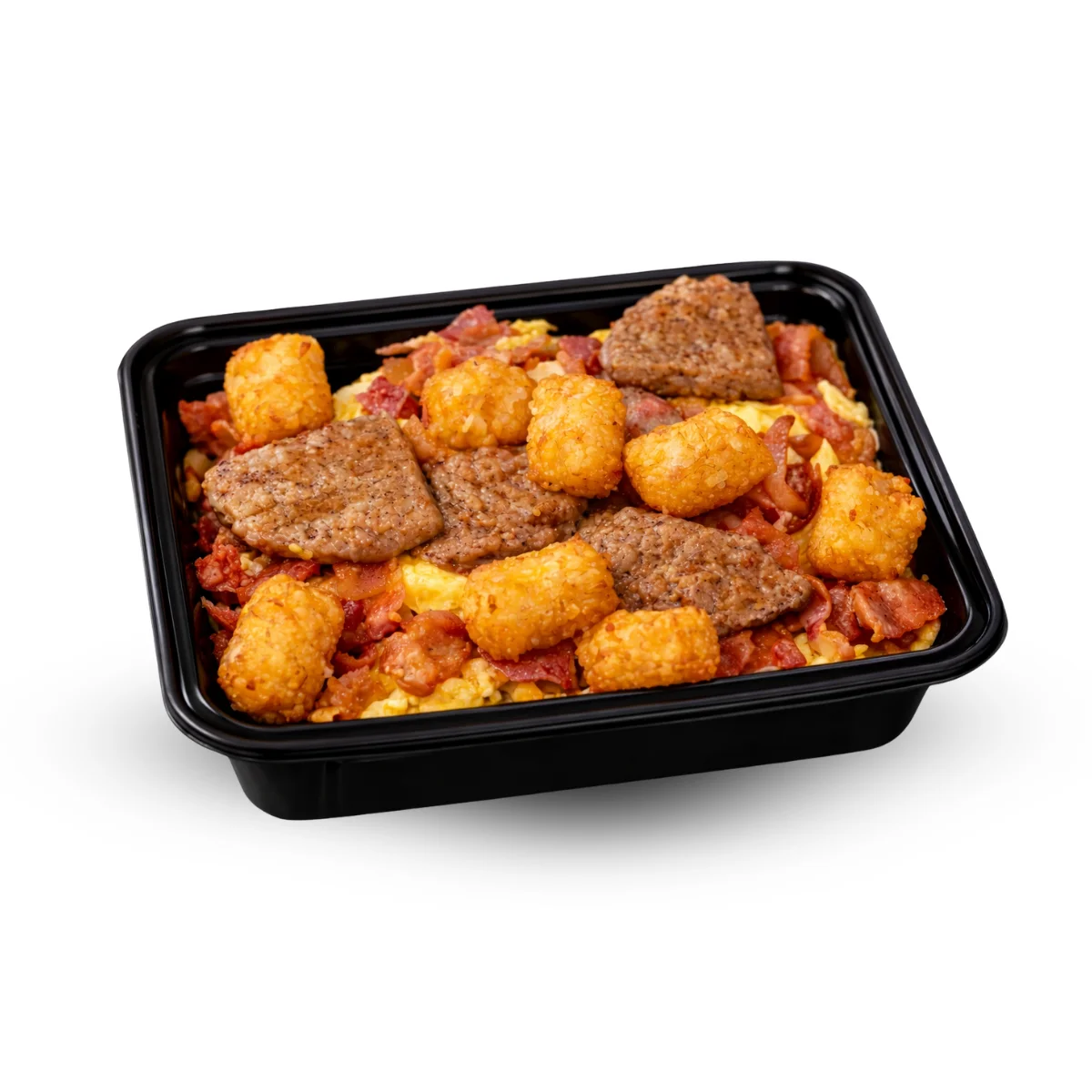 PD Breakfast Bowl with scrambled eggs, bacon, sausage, tater tots, cheese (if present) — overhead food photo
