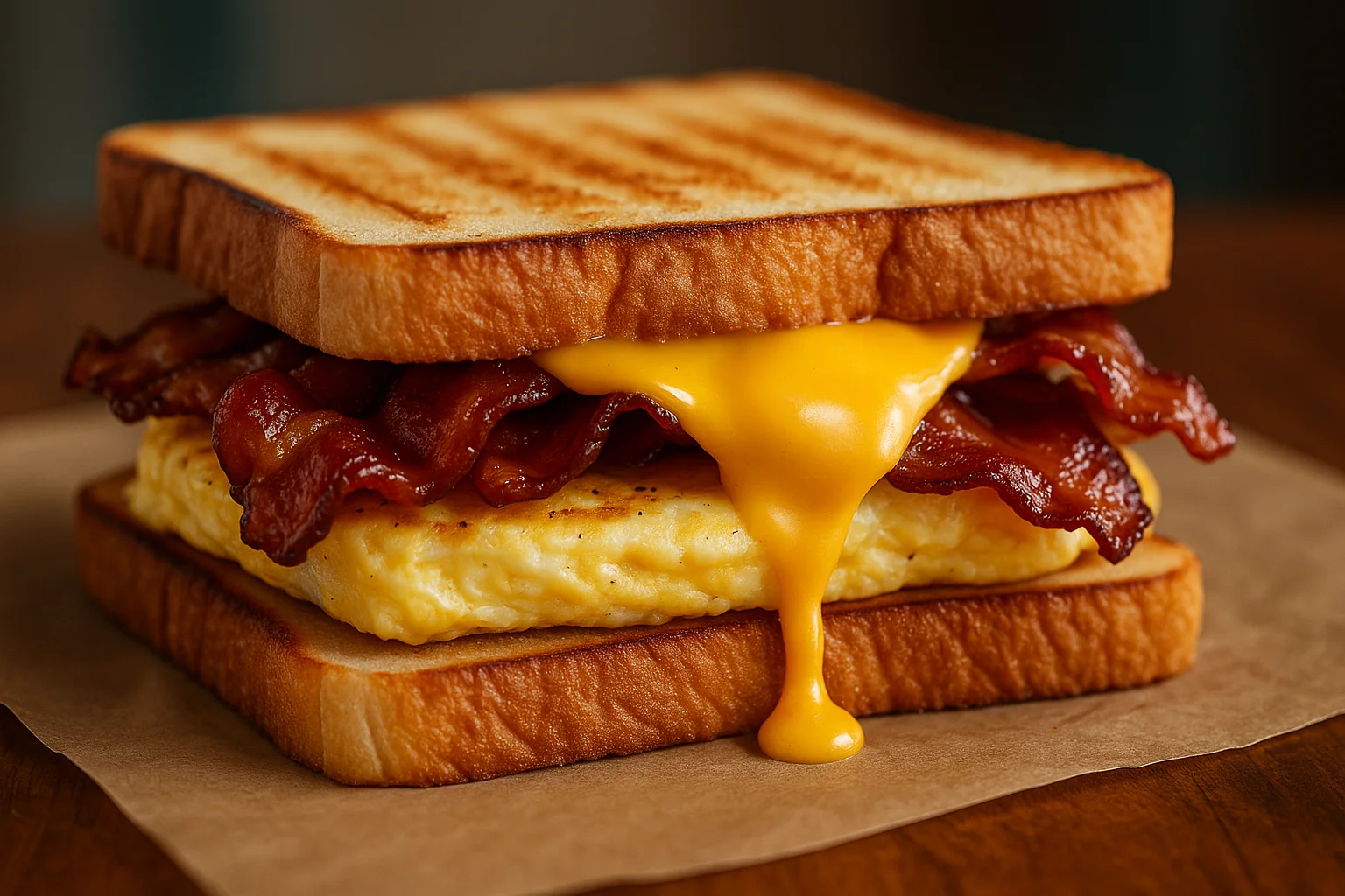 Classic breakfast sandwich with bacon and cheese