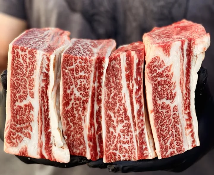 Premium beef short rib cuts with intricate marbling