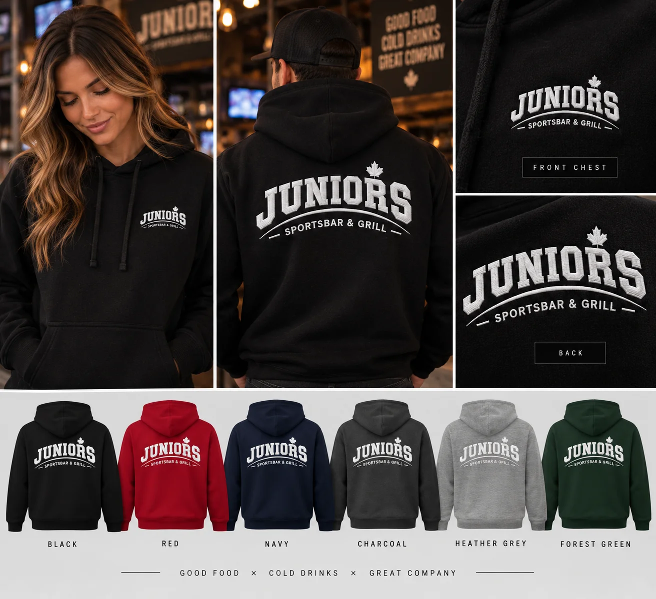 Stylish hoodies from Juniors Sportsbar & Grill in various colors