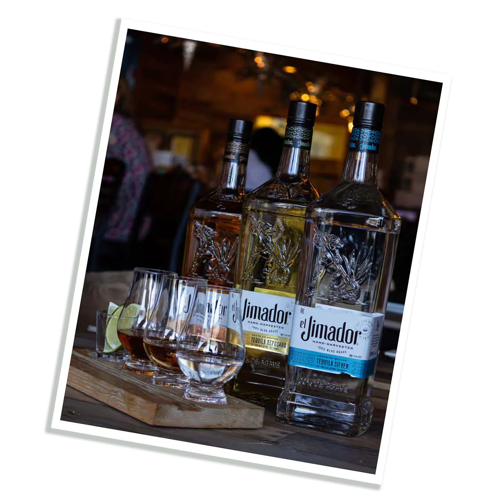 Selection of El Jimador tequila bottles with tasting glasses