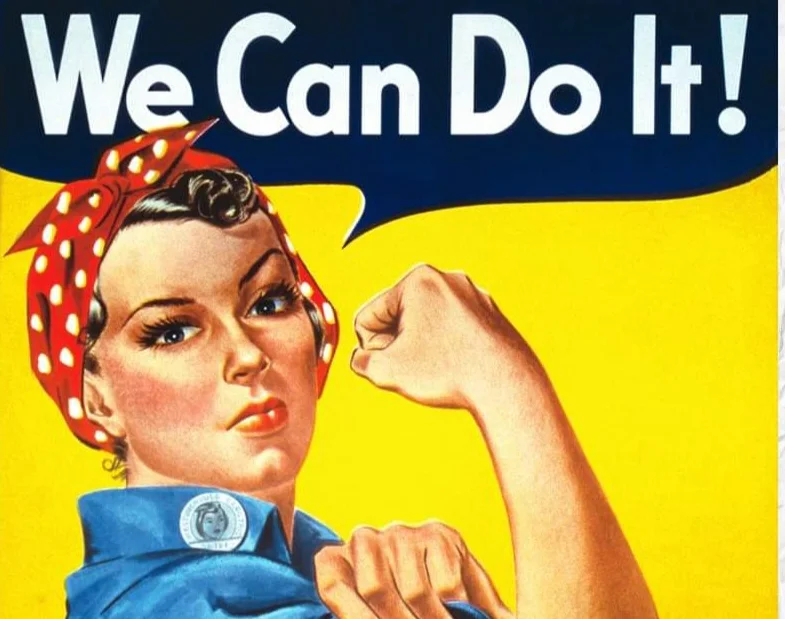 Vintage “We Can Do It!” wartime propaganda poster with flexing woman