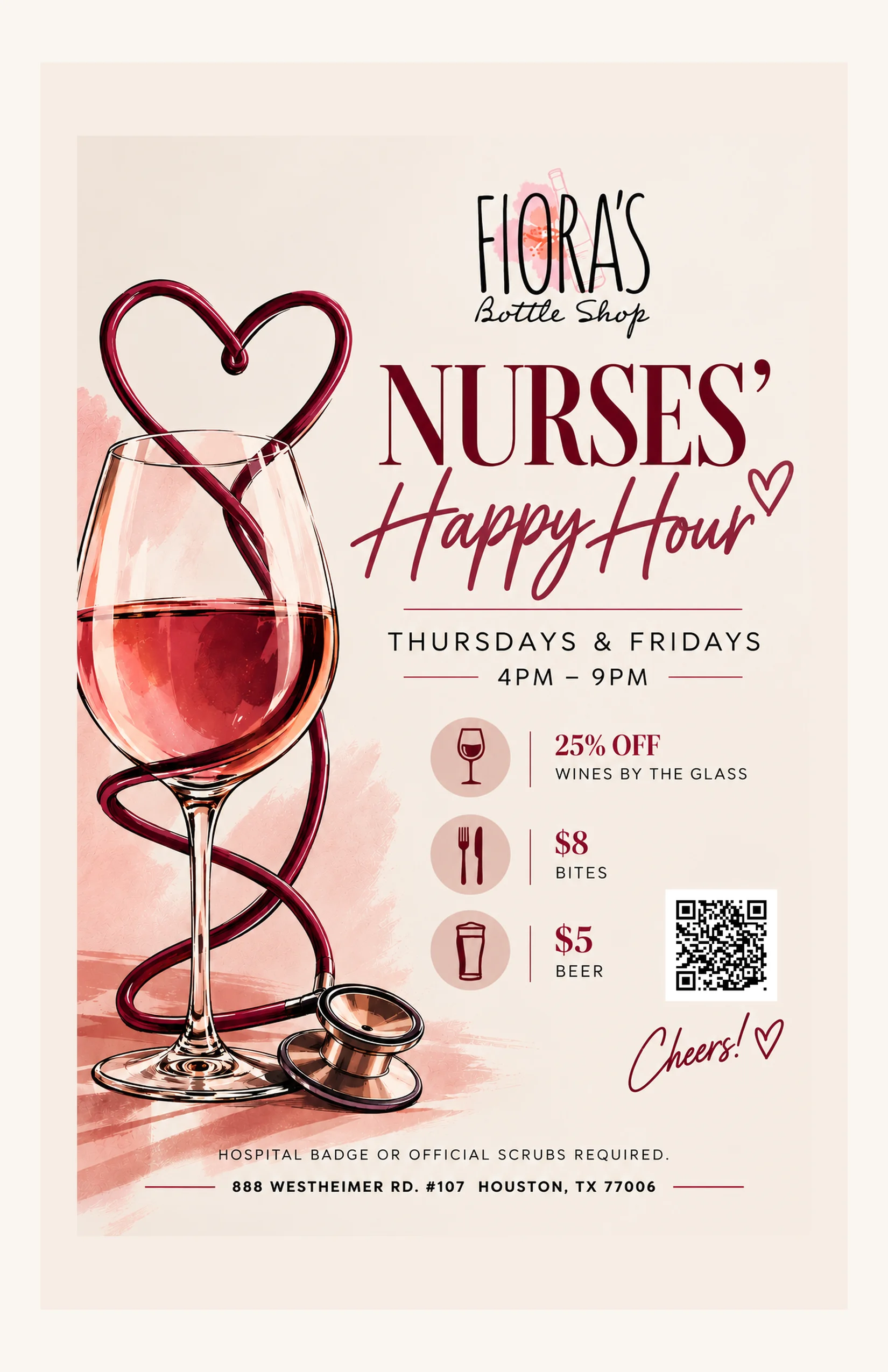 Wine shop happy hour promotional flyer with illustrated wine glass and event details