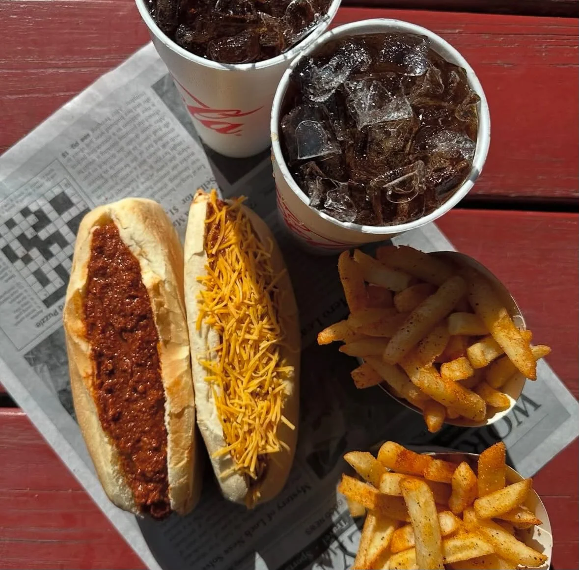 Two Hot Dogs with Chili with Two French Fries and Two Fountain Drinks