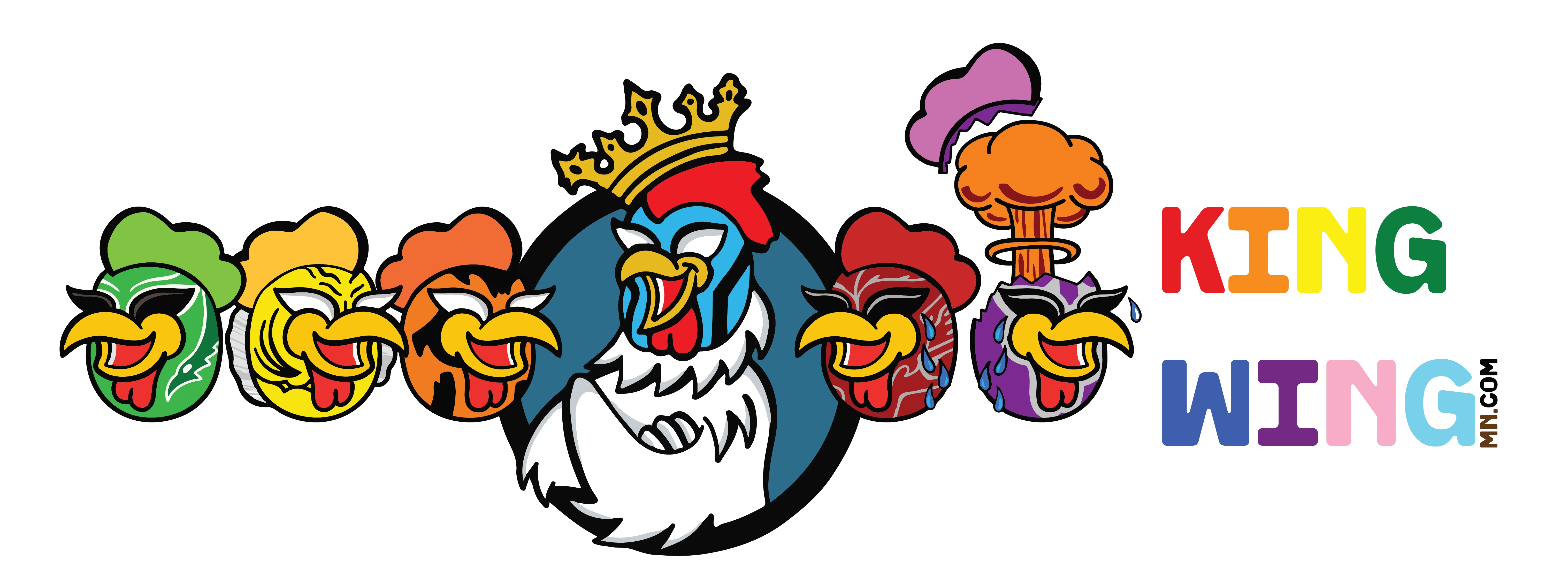 Colorful cartoon chicken characters for King of the Wing restaurant