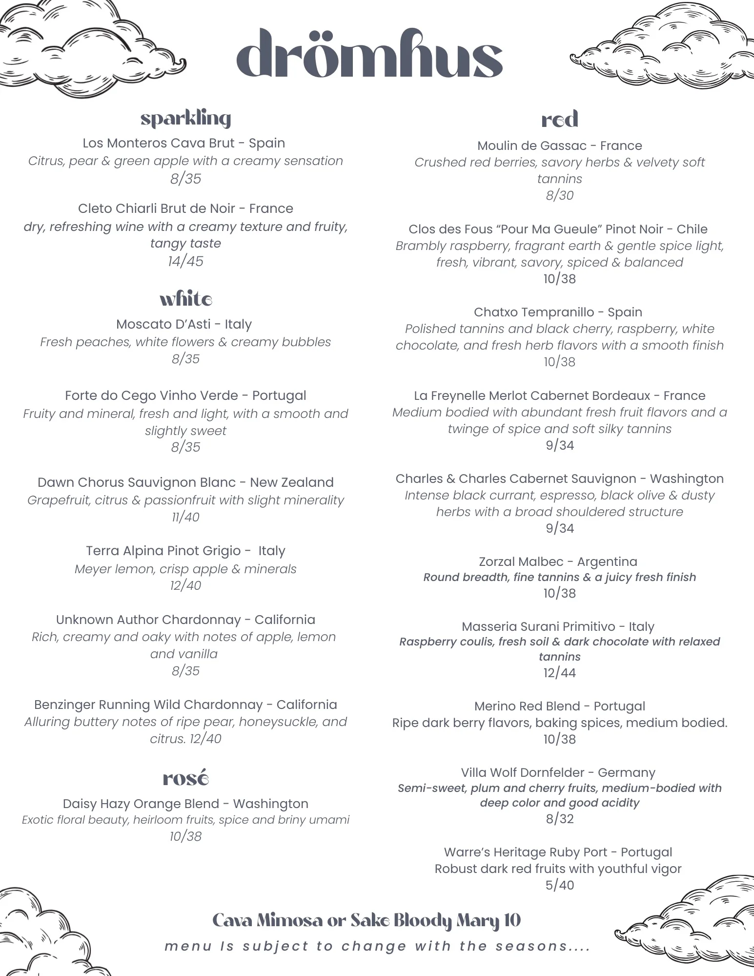 Wine menu featuring diverse selections from around the world
