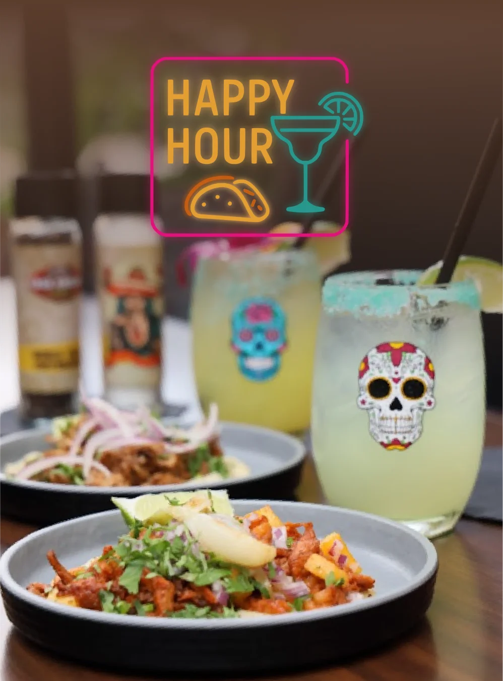 Colorful Mexican tacos with cocktails for happy hour