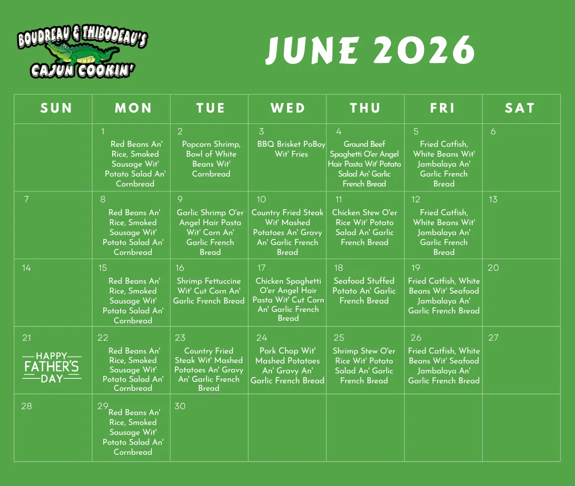 May 2026 Lunch Calendar for a restaurant with daily menu items.