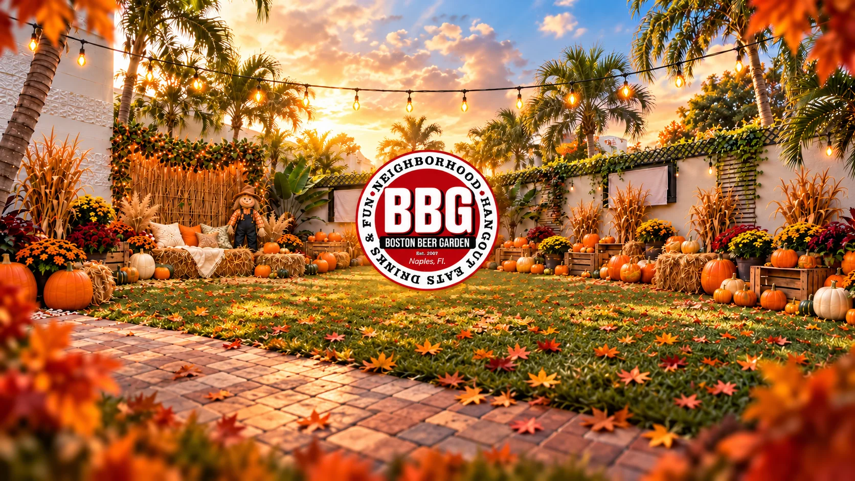 Tropical restaurant garden with string lights, autumn pumpkins, and prominent circular logo