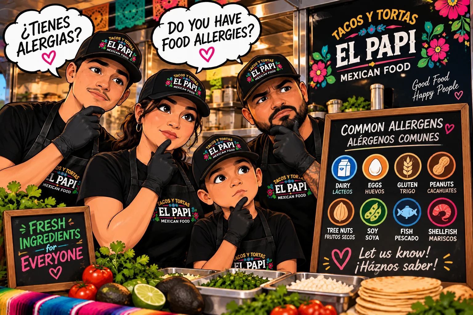Friendly staff promoting food allergy awareness at a Mexican restaurant