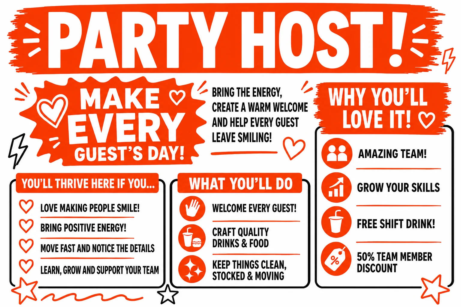 Moe's Coffee recruitment poster for party host position