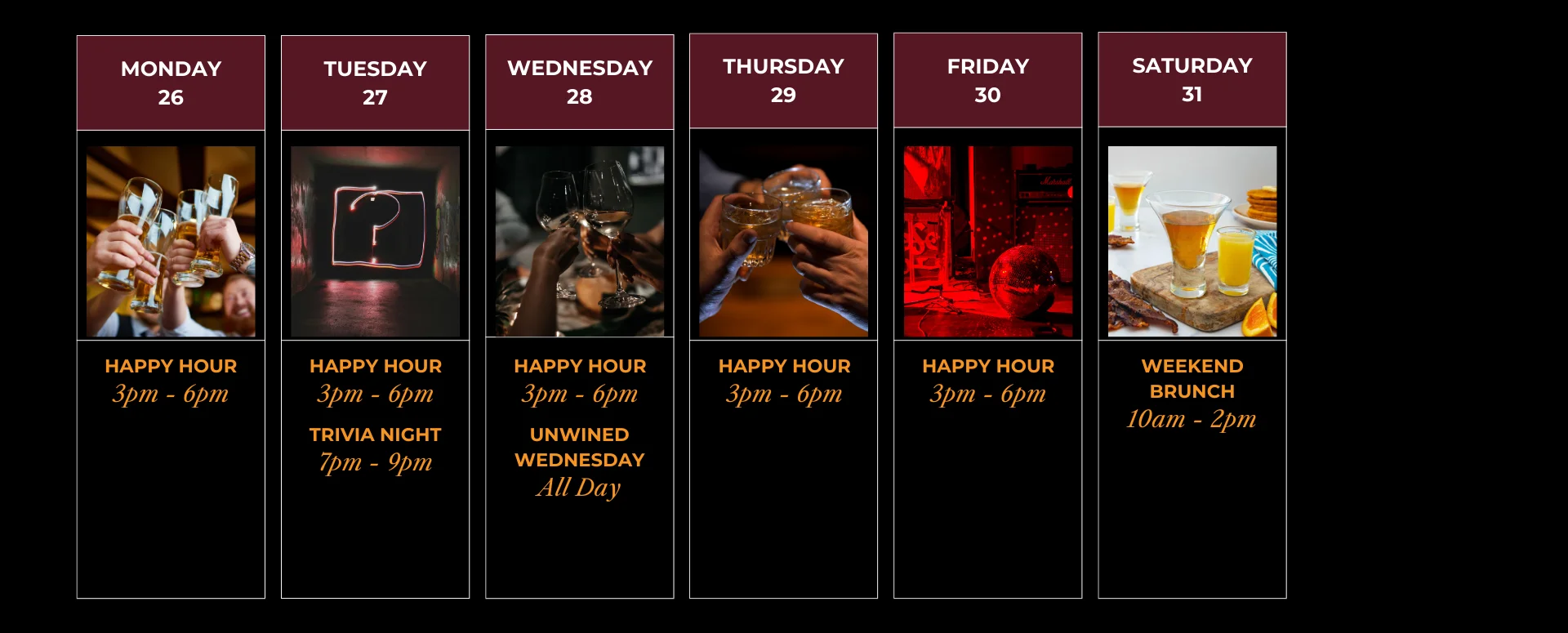 Weekly event schedule at a vibrant bar with happy hour and trivia night