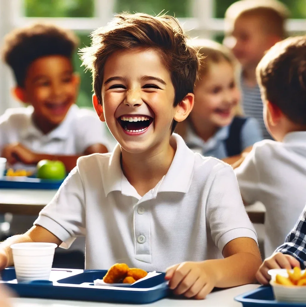 Happy child enjoying lunch in a school cafeteria