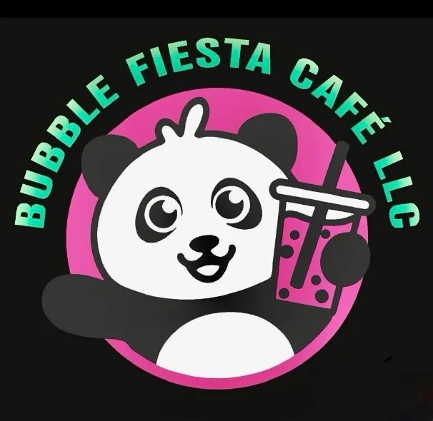 A playful panda logo holding a drink, surrounded by a colorful circular design with the text 'Bubble Fiesta Café LLC'.