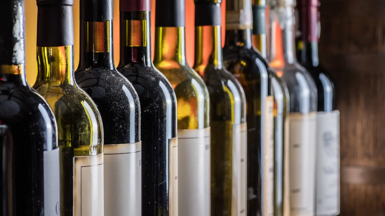 Collection of wine bottles on a wooden shelf