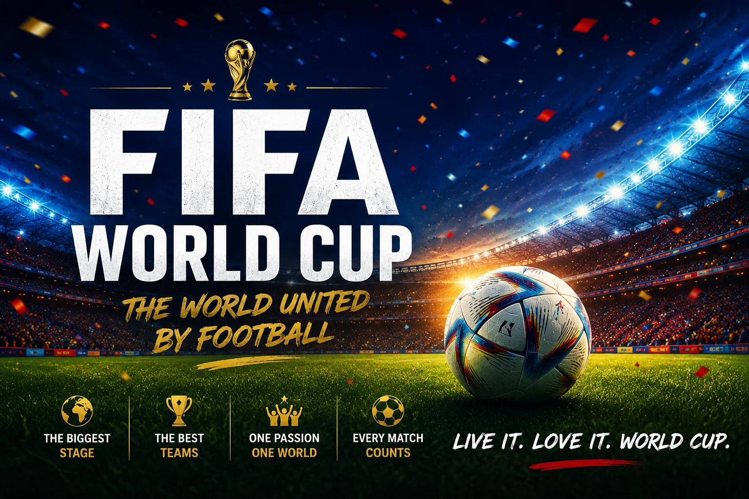 FIFA World Cup promotional graphic with football and stadium background