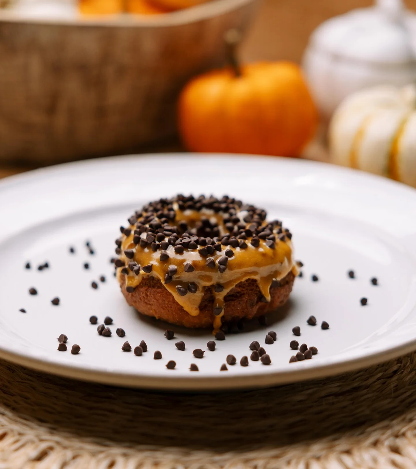 Delicious pumpkin spice donut with chocolate chips