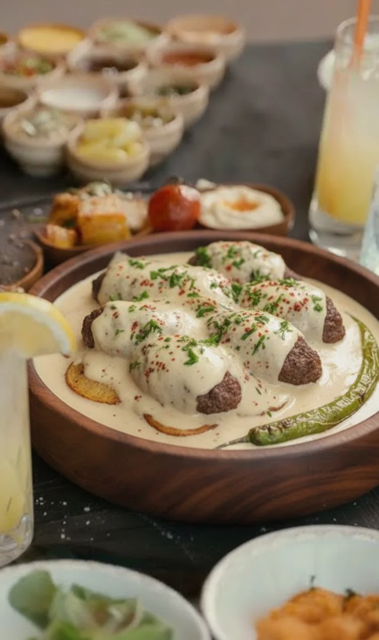Turkish köfte in creamy sauce with herbs