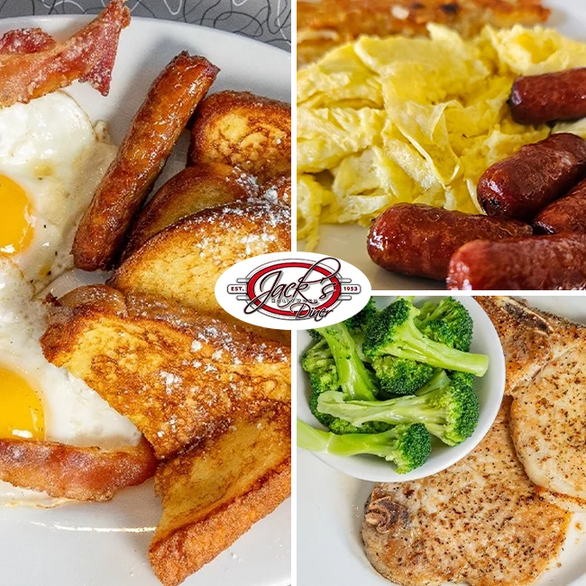 Fresh breakfast platter with scrambled eggs, bacon, grilled chicken, steamed broccoli, sausage, and French toast served at Jack's Hollywood Diner.
