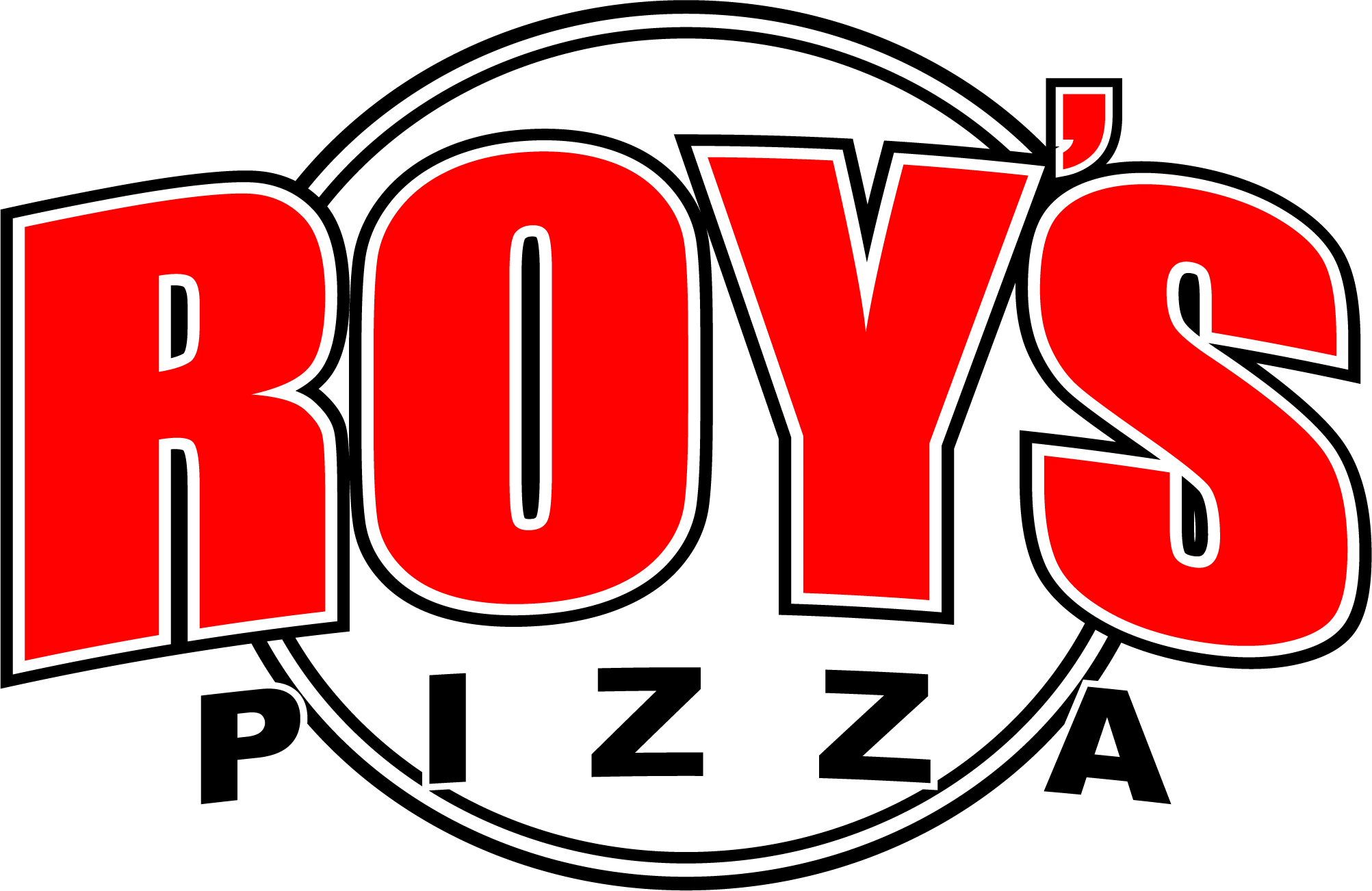 A logo featuring bold red letters that spell out 'ROY'S' with the word 'PIZZA' in black beneath it. The design is circular with a thick black outline.