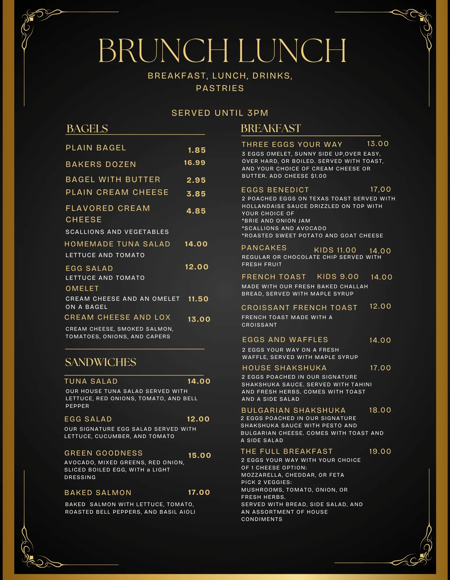Brunch menu featuring bagels, eggs benedict, and pancakes