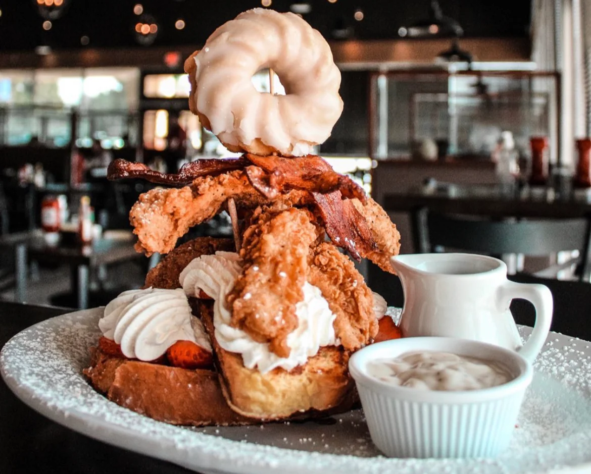 Southern chicken and waffles with bacon and donut
