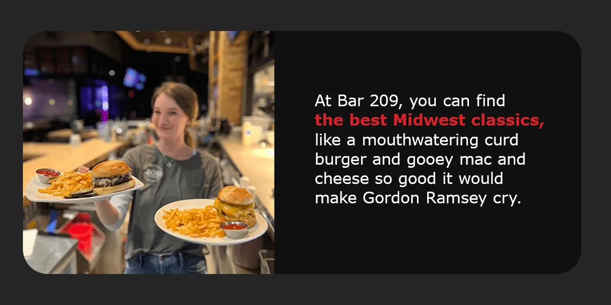 Midwest-style burgers with fries served in a lively bar setting