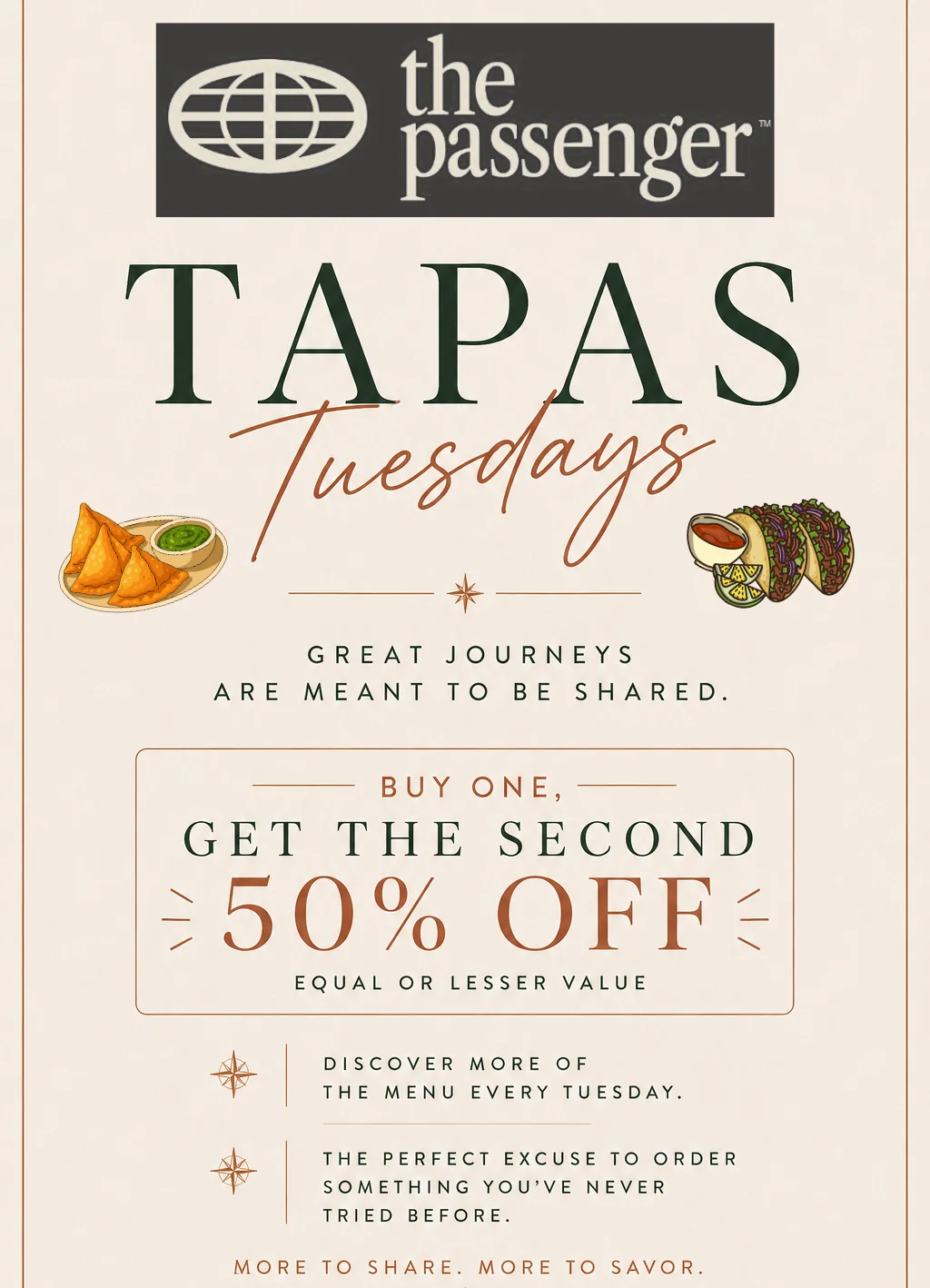 Promotional poster for Tapas Tuesdays at a restaurant featuring tapas dishes
