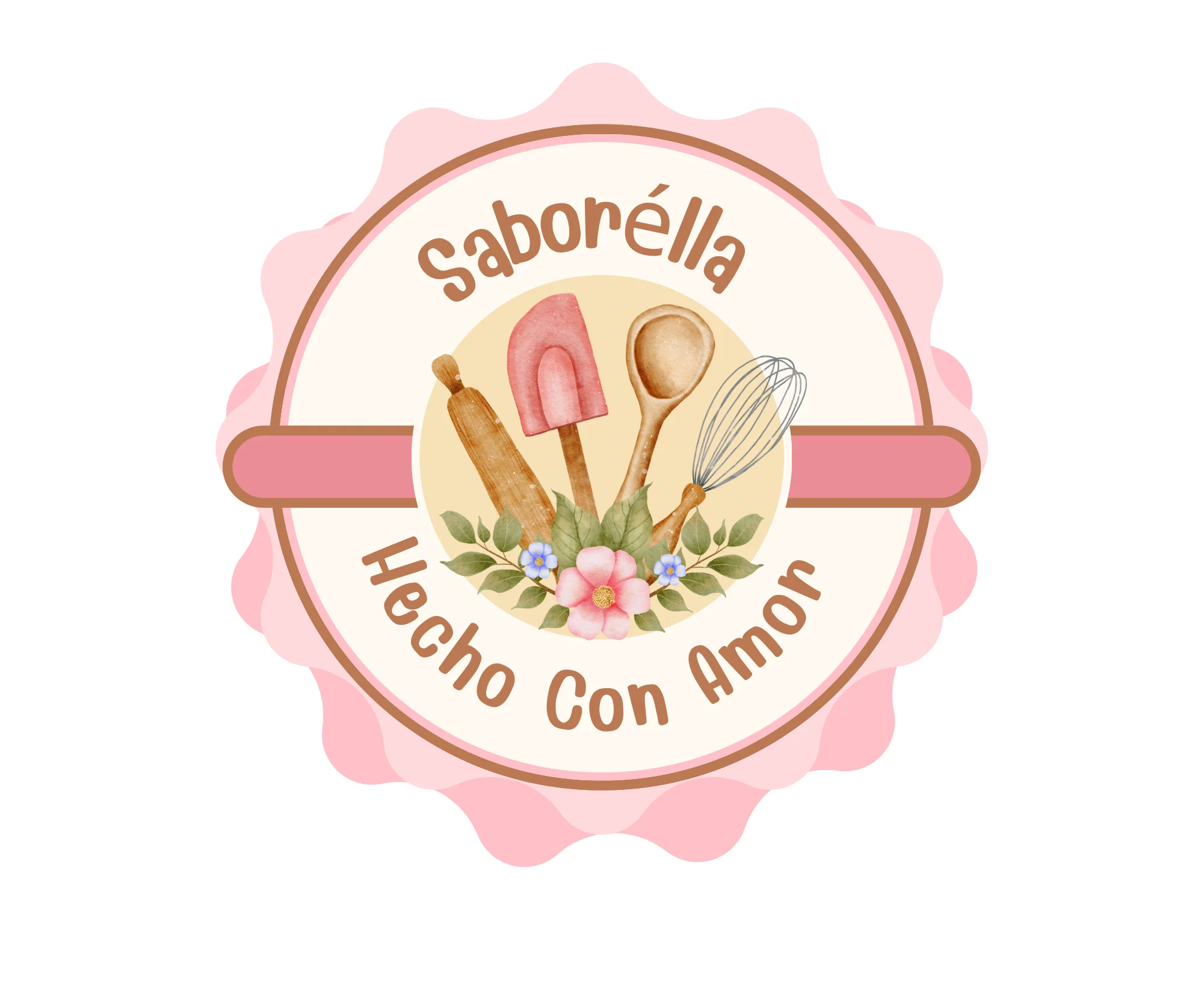 Logo of Saborélla featuring baking tools and floral elements, 'Hecho Con Amor'