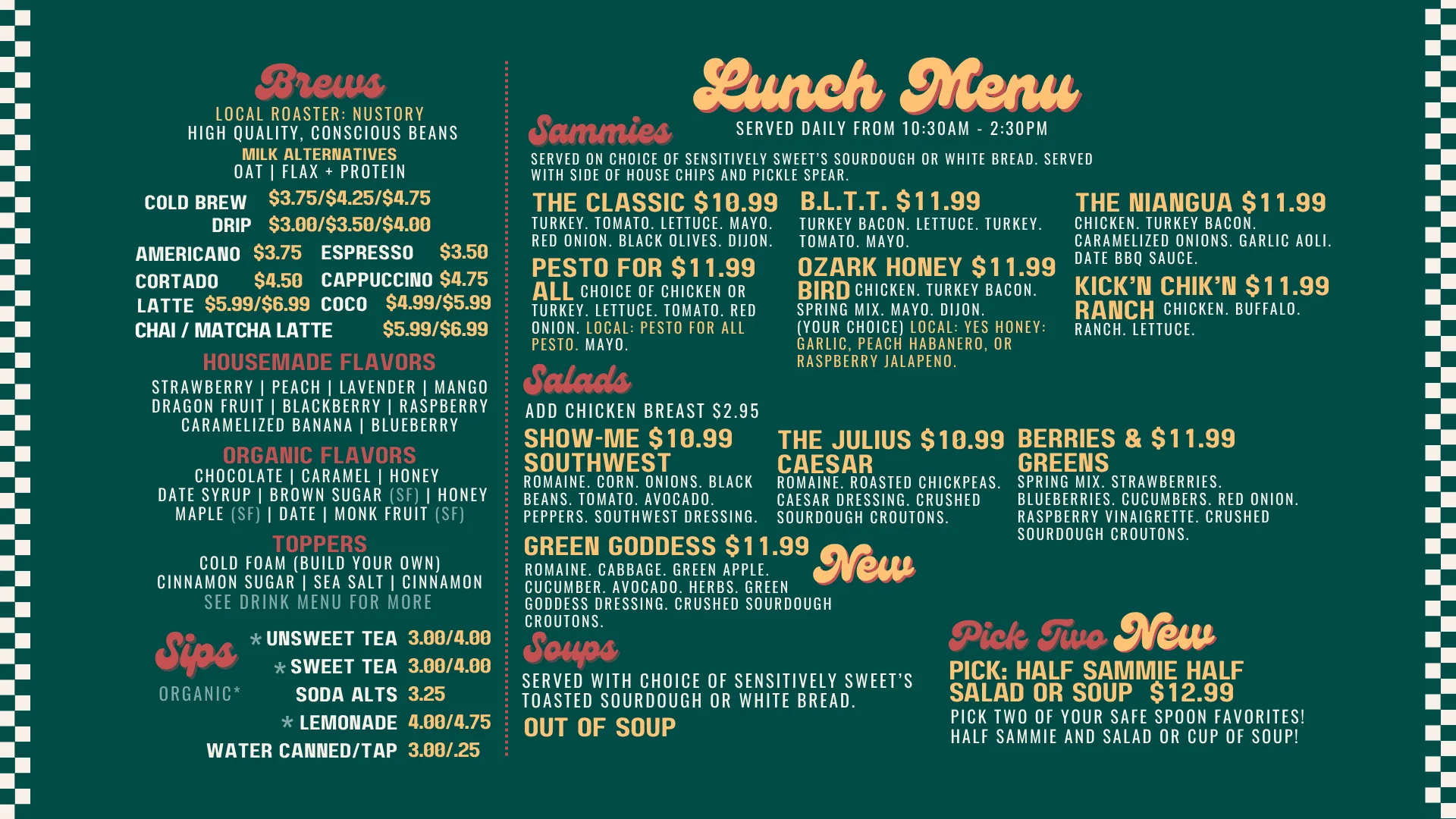 Lunch menu featuring gourmet sandwiches and salads