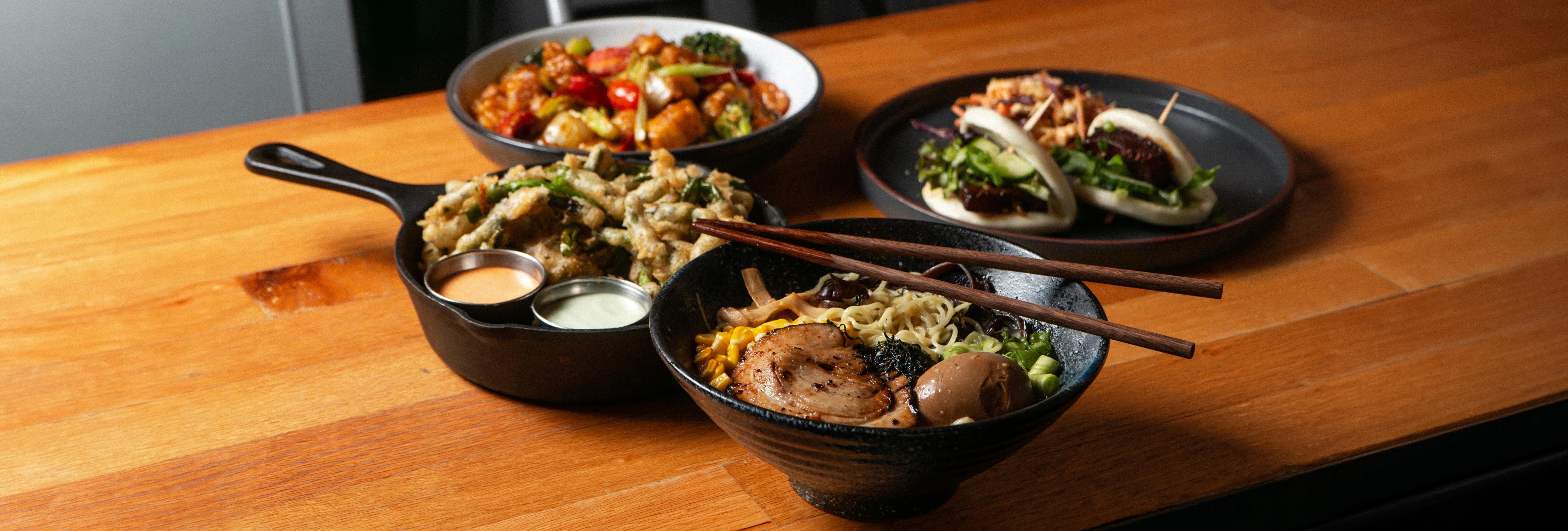 Japanese ramen bowl with pork and soft-boiled egg
