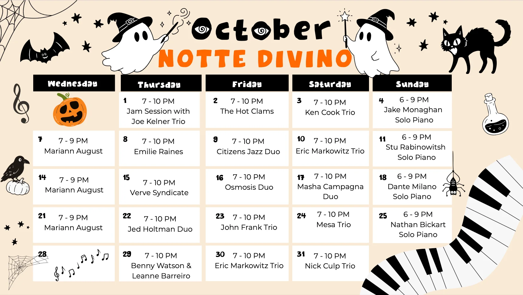 Halloween-themed October live music calendar with jazz performances